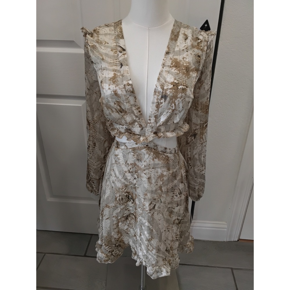 Glamaker Women Neutral Abstract Print Cut Out Lace Up Back Mini Dress Small NEW